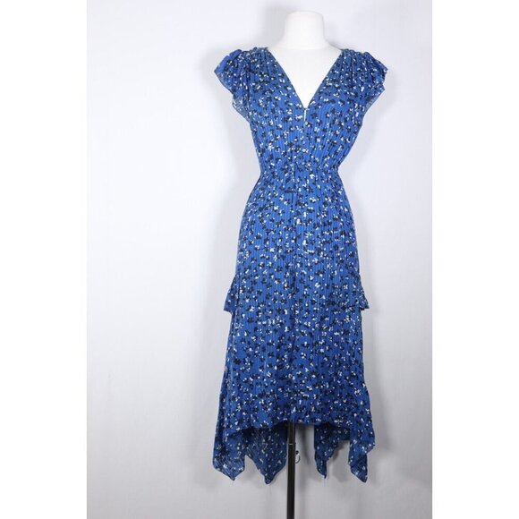 Ulla Johnson Women 2 Blue Abstract Floral Print Shadow Stripe Aurelie Midi Dress - Picture 4 of 16